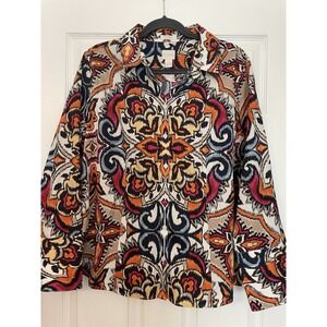 Chico's Blouse size 3 top Colorful Aztec Artsy No Iron Button Down Office